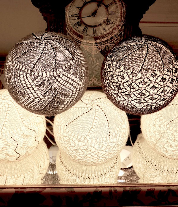 Contemporary bespoke Shetland Fine Lace beaded table lamps ready for Makers Market SWW "Scadmans Heeds" (sea Urchins) 28.09.17 - Image